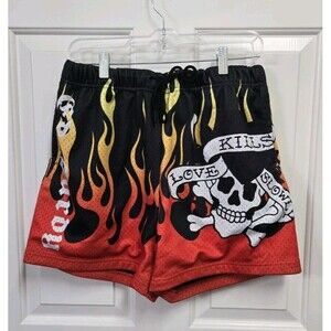 Ed Hardy Love Kills Slowly Tattoo Skull Flames Double Layer Mesh Shorts  Med
